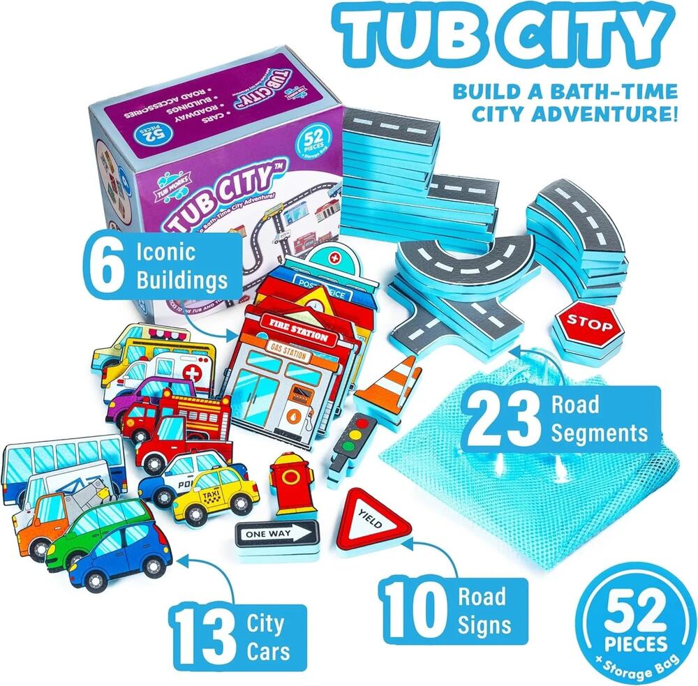 Tub Works Tub City Stick, Build & Drive Toddler Bath Toy Set, 52 Foam Stickers